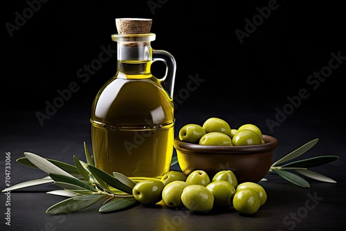 Olive oil bottle and green olives on white