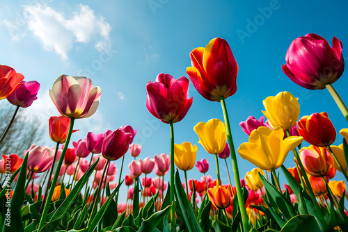 A tulip displaying a spectrum of colors against a backdrop of a blue spring sky  embodying the essence of the spring season.