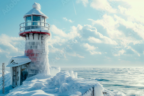 A seafront lighthouse encased in thick snow and ice, portraying a winter seasonal scene.