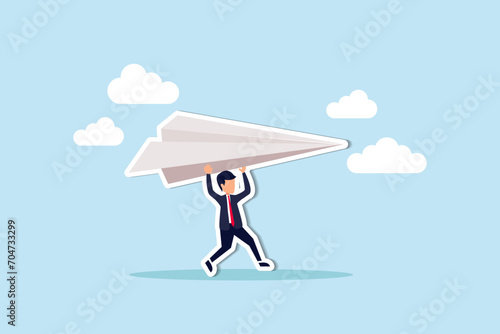 Start new business, startup or entrepreneurship, creativity and inspiration to achieve business success concept, ambitious businessman running about to throwing to launch big paper airplane origami.