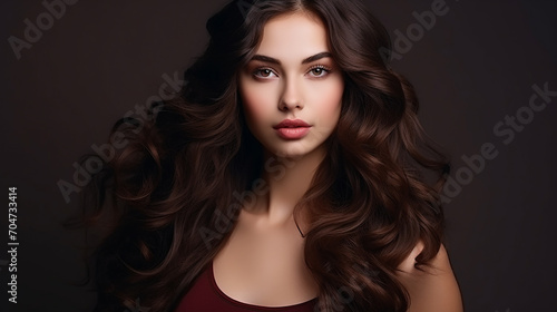 portrait of a beautiful brunette woman with long wave hair