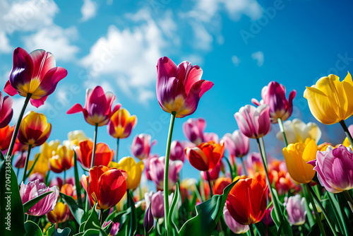 A tulip displaying a spectrum of colors against a backdrop of a blue spring sky  embodying the essence of the spring season.