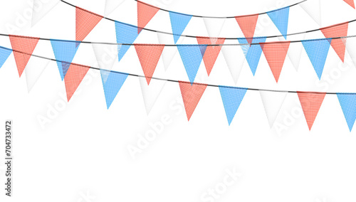 Red and blue bunting garlands with flags made of shredded pieces of fabric. Decorative multicolored party pennants for festival, party celebration.