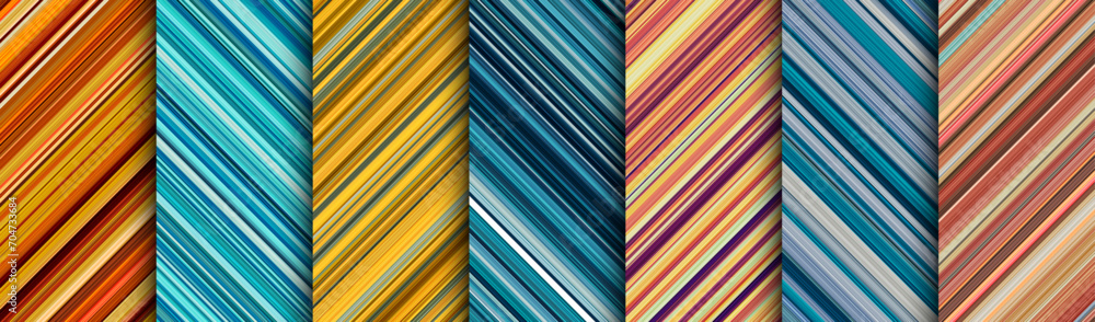 Detailed striped geometric patterns composed of big amount of thin blue and orange stripes. - obrazy, fototapety, plakaty 