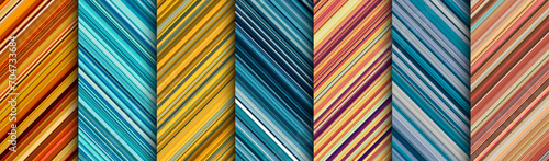 Detailed striped geometric patterns composed of big amount of thin blue and orange stripes.