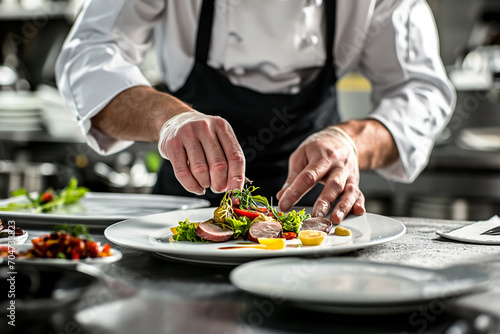 A Skilled Chef's Hands Precisely Crafting and Dressing a Mouthwatering Gourmet Dish in a 5-Star Michelin Restaurant Kitchen. Close-Up Detail of Culinary Excellence Masterful Culinary Artistry