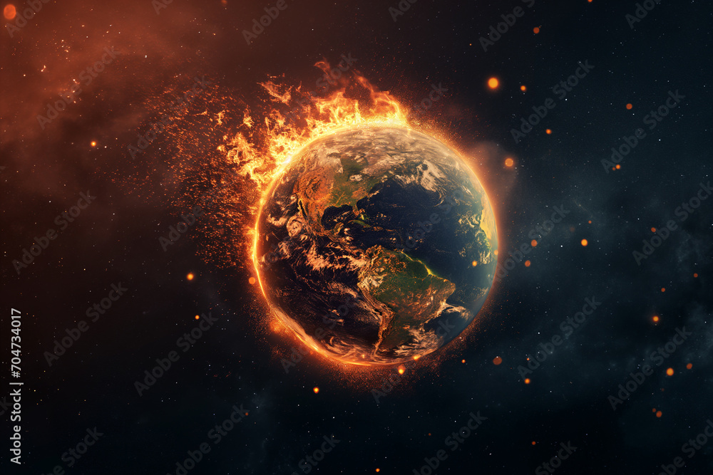 A Space View of Earth Engulfed in Flames as Global Warming Alters the Climate, Portraying the Urgent Need for Environmental Action