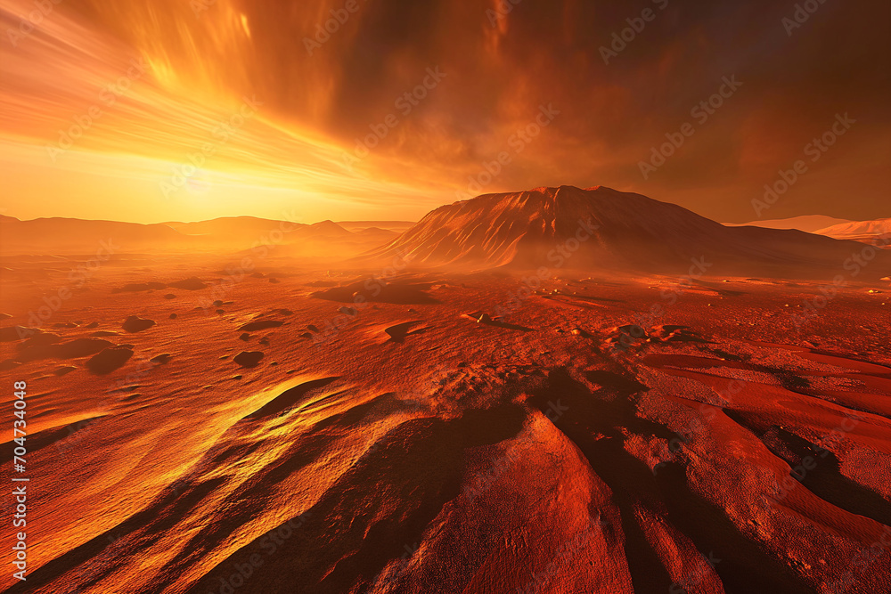 A Spectacular View of the Red Martian Surface, with Towering Olympus Mons in the Distance, Long Shadows Cast by the Sunset, and a Dust Storm Emerging on the Horizon Majestic Mars