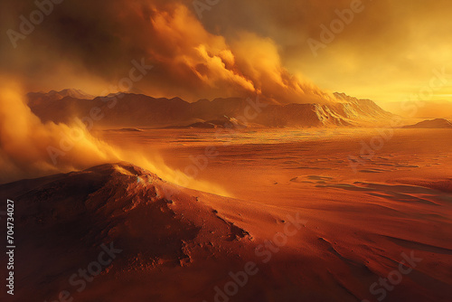 A Spectacular View of the Red Martian Surface, with Towering Olympus Mons in the Distance, Long Shadows Cast by the Sunset, and a Dust Storm Emerging on the Horizon Majestic Mars