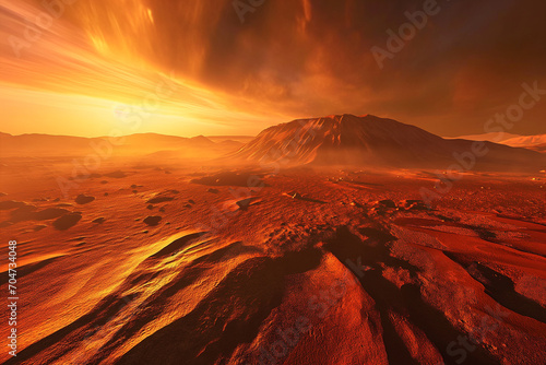A Spectacular View of the Red Martian Surface, with Towering Olympus Mons in the Distance, Long Shadows Cast by the Sunset, and a Dust Storm Emerging on the Horizon Majestic Mars