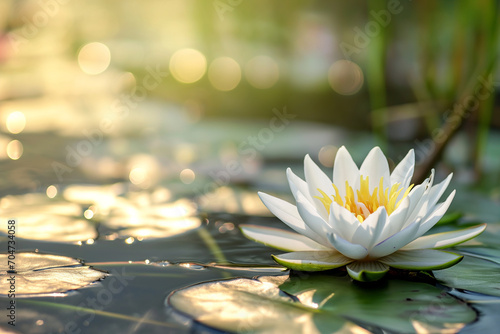 A White Water Lily Blooms in a Magical Pond, Creating a Tranquil and Enchanting Scene of Nature's Elegance Golden Serenity