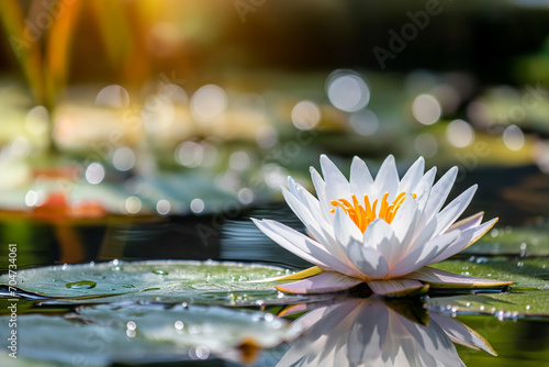 A White Water Lily Blooms in a Magical Pond, Creating a Tranquil and Enchanting Scene of Nature's Elegance Golden Serenity photo
