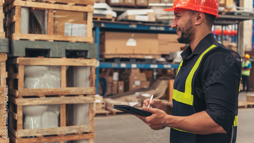 Close up Hispanic men hands using pen touch smart tablet Warehouse management logistics counting checking products on inventory shelf. Man hands worker check stock control in distribution storage