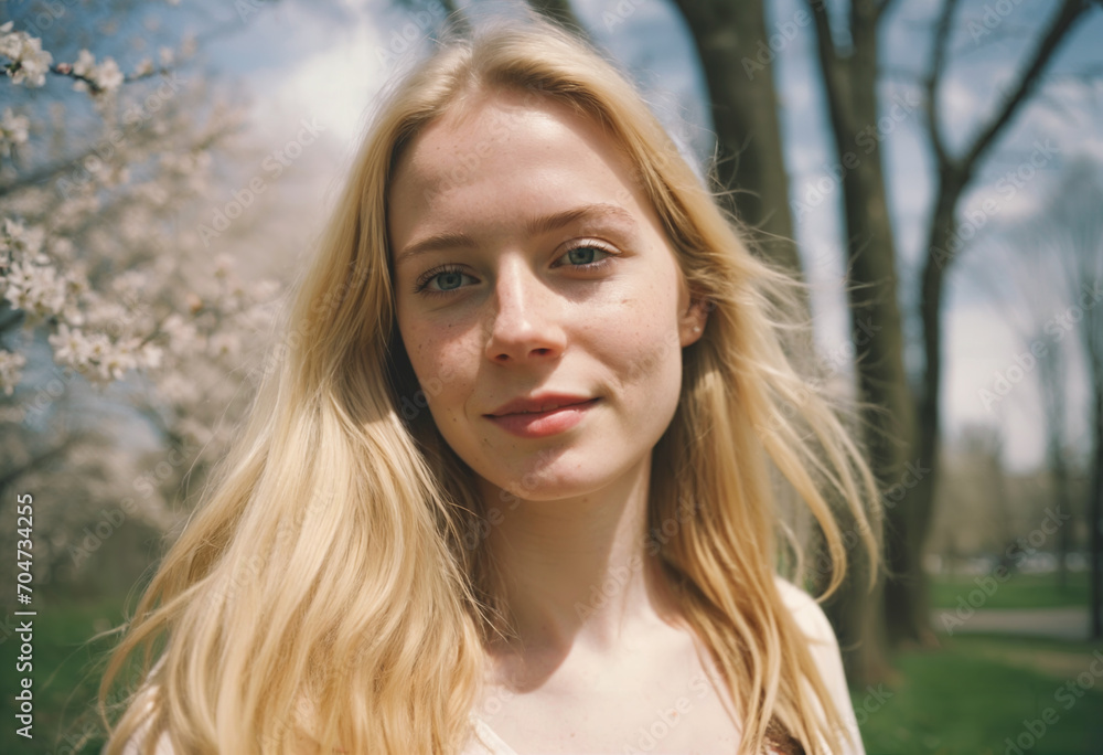 Young woman with long blonde hair outside portrait
