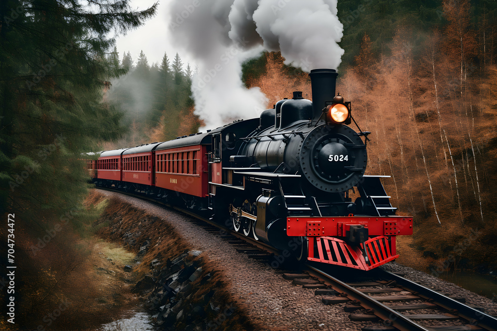 Fototapeta premium Steam locomotive in the forest. 3d illustration. Vintage style.