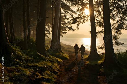 Couple walking in the forest by the sea at sunset. Couple walking in the forest at sunset