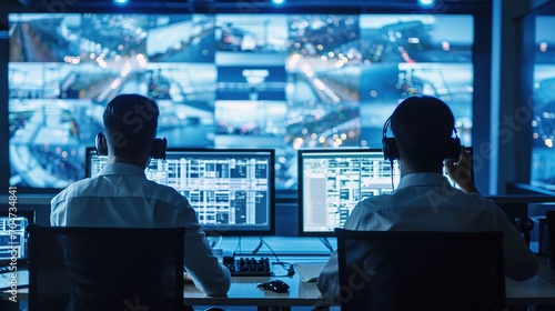 Two Digital Computer Screens with Surveillance CCTV Video in a Harbour Monitoring Center with Multiple Cameras on a Big Digital Screen. Employees Sit in Front of Displays with Big Data