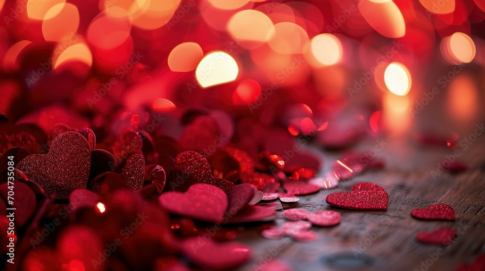 Valentine's heart light particle effect background. love shany glamour glitter background defocused. generative Ai