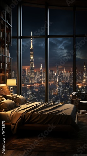 Bedroom with a view of the night city