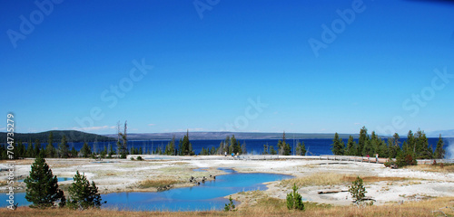 Spectacular panoramic views of West Thumb Geyser Basin in Yellowstone National Park, Wyoming Montana. Yellowstone Lake. Great hiking. Summer wonderland to watch wildlife and natural landscape. Geother
