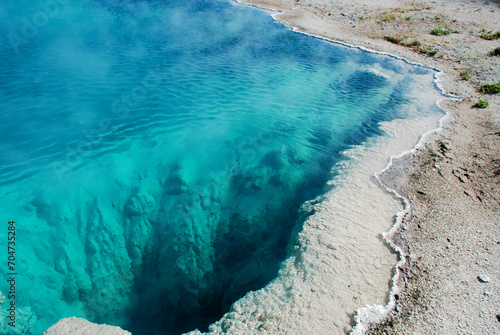 Spectacular panoramic views of West Thumb Geyser Basin in Yellowstone National Park, Wyoming Montana. Yellowstone Lake. Great hiking. Summer wonderland to watch wildlife and natural landscape. Geother photo