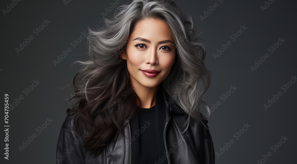 Elegant Asian woman with gray hair wearing a black leather jacket Elegant Asian woman with gray hair wearing a black leather jacket