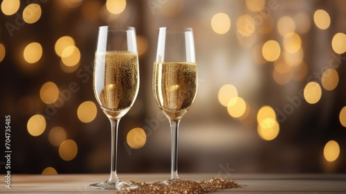 Champagne glasses filled with golden bubbles against a blurred background of warm festive lights.