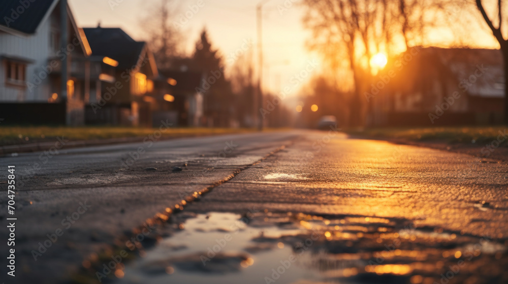 The warm glow of sunset reflects on the wet surface of a suburban street, creating a tranquil evening atmosphere.