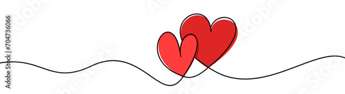 Two red hearts continuous wavy line art drawing on white background.