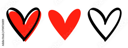 Red pen drawn line art heart icons. Happy Valentine's day doodle banner or letter template.