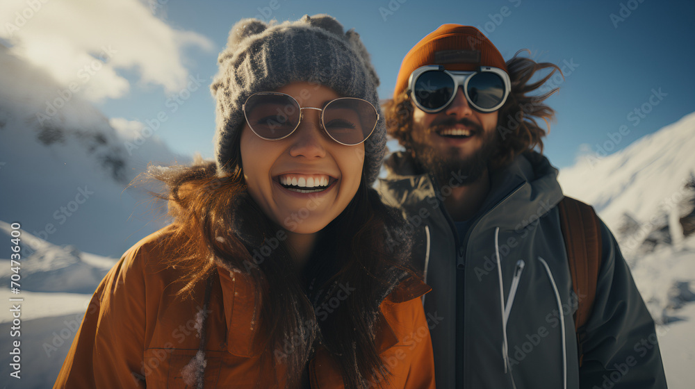 Attractive in stylish winter clothes in the snow - low angle close-up shot - vacation - getaway - mountains - skiing - holiday - escape - honeymoon - Alaska Attractive in stylish winter clothes in the snow - low angle close-up shot - vacation - getaway - mountains - skiing - holiday - escape - honeymoon - Alaska