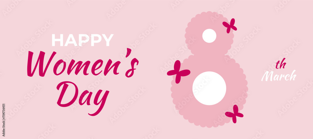 Festive banner for International Women's Day with figure 8 and butterflies