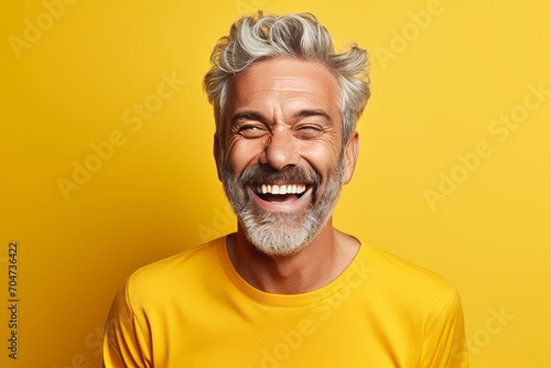 Portrait of a happy senior man laughing against a yellow background.