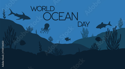 Poster for World Oceans Day with underwater life