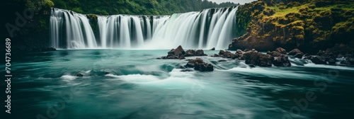 In a timelapse image  a waterfall exhibits dynamic motion with an emerald color  capturing the ever-changing and vibrant beauty of nature in motion.