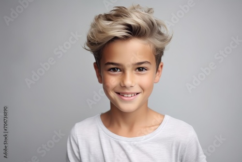 Portrait of a cute little boy with blond hair on a gray background