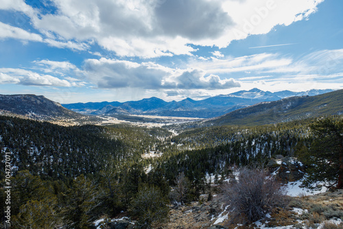 wide angle view of mountain range with valley in the foreground with clouds in the winter