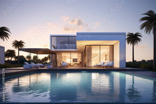 Modern villa with pool and palm trees © duyina1990