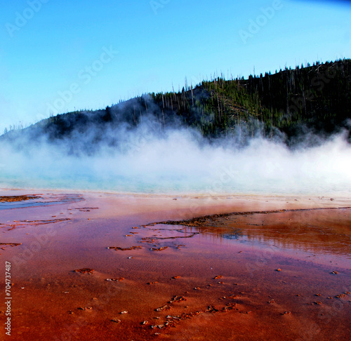 Spectacular panoramic views of Grand Prismatic Geyser in Yellowstone National Park, Wyoming Montana. Midway Geyser Basin. Great hiking. Summer wonderland to watch natural landscape. Geothermal.