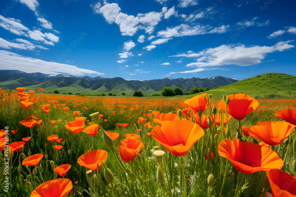 Beautiful spring landscape with poppy field and blue sky with clouds. Beautiful spring landscape with poppy field and blue sky with clouds.