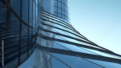 Low angle view of futuristic building, office building skyscraper with curved glass windows, 3D rendering photo