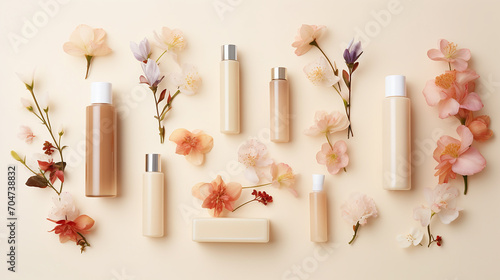 minimal composition with cosmetic skin care products on cream background