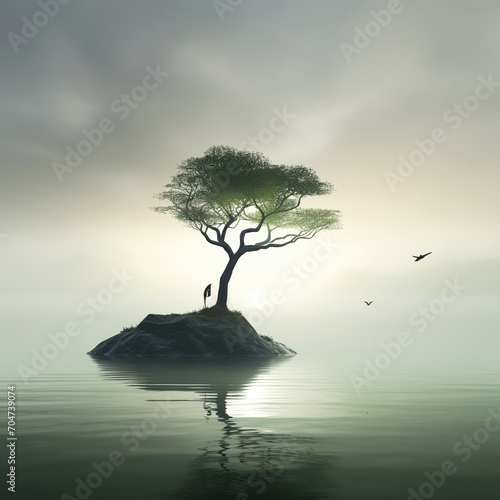 Small island with tree and birds in the middle of the ocean