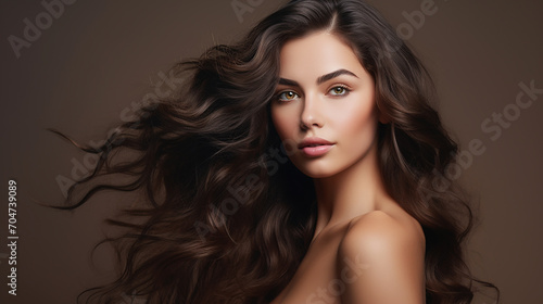 portrait of a beautiful brunette woman with long wavy hair