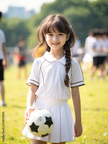 Little girl in a white sports uniform holding a soccer ball © duyina1990