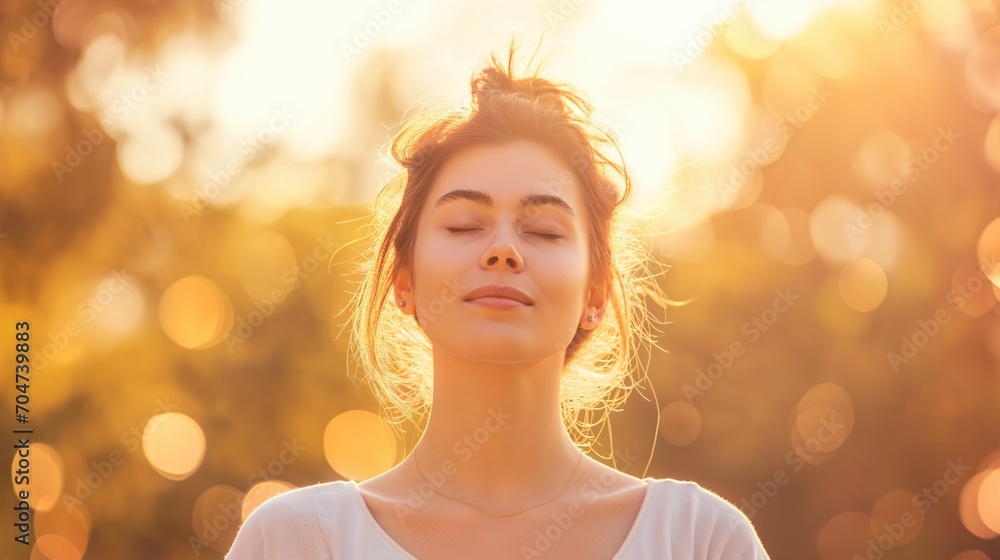 Beautiful woman with eyes closed and relaxing, the sun in a warmth park at sunset. Beautiful woman with eyes closed and relaxing, the sun in a warmth park at sunset.