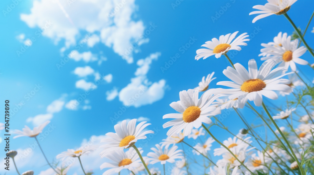 A field of white daisies stretches towards the horizon under a blue sky with fluffy white clouds, depicting peaceful scenery. A field of white daisies stretches towards the horizon under a blue sky with fluffy white clouds, depicting peaceful scenery.