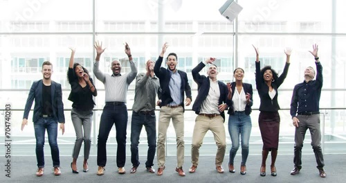 Happy business people, documents and celebration with high five for teamwork, success or done at office. Portrait of employee group throwing paperwork in air, completion or achievement at workplace photo