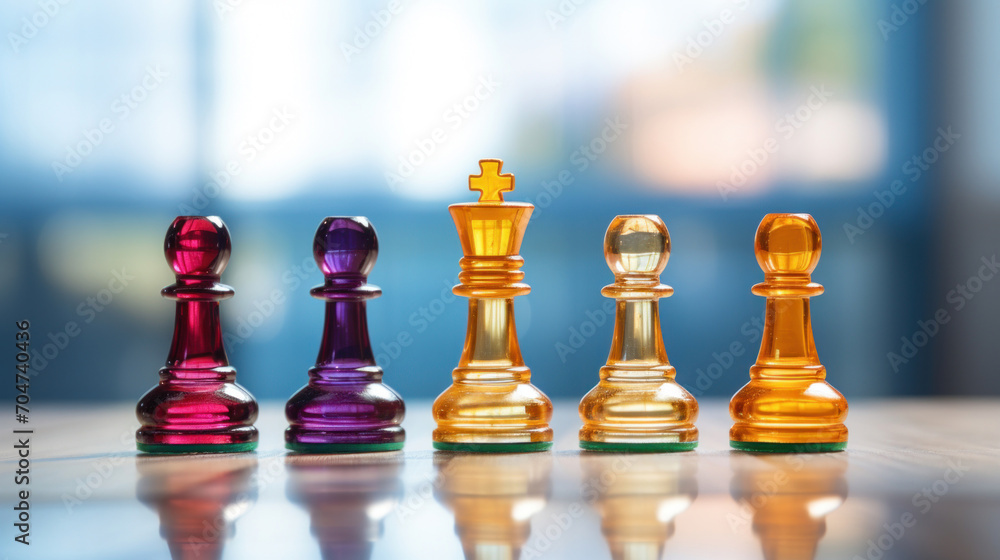 Colorful transparent glass chess pieces arranged on a chessboard with a blurred background. Colorful transparent glass chess pieces arranged on a chessboard with a blurred background.