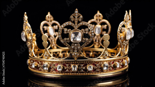 Luxurious golden crown with diamonds and gemstones, showcased on a dark background.